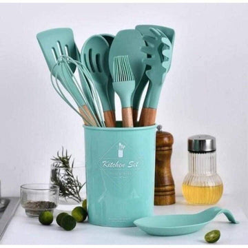 13-piece Silicone Kitchen Utensils Set with Resting Pad - Green